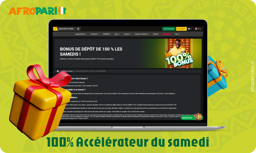 Chaque samedi, AfroPari offre un bonus de 100% jusqu'à 65 000 XOF sur dépôt