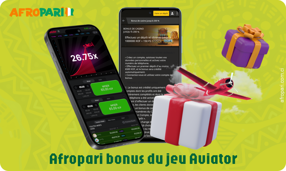 Afropari offre un bonus de bienvenue de 200 % et 150 tours gratuits pour augmenter vos chances de gagner au jeu Aviator