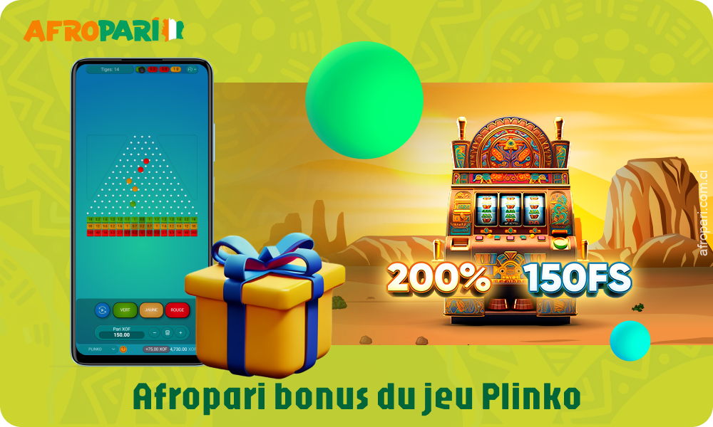 Les joueurs de Plinko Afropari peuvent profiter d'un bonus de bienvenue de 200% et de 150 tours gratuits sur leurs quatre premiers dépôts