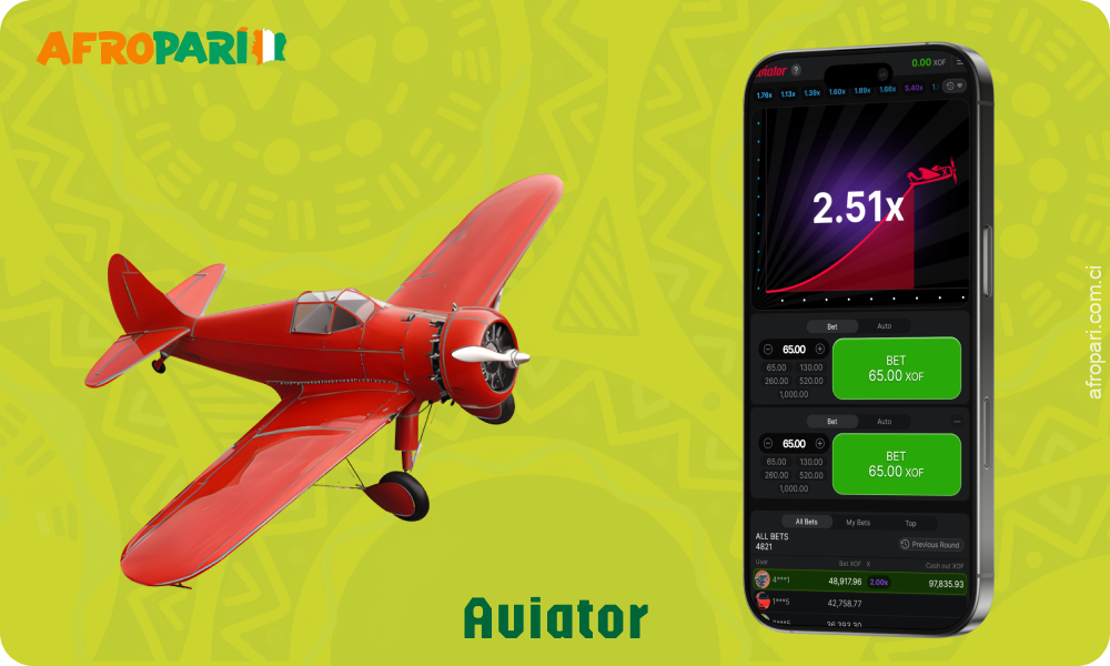 Aviator est un jeu de crash populaire sur l'application Afropari avec un mode automatique, la possibilité de placer deux paris et un mode démo pour jouer sans risque