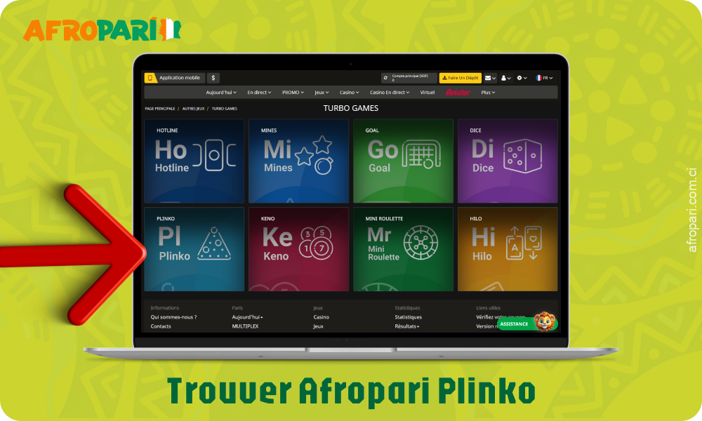 Pour trouver un jeu de Plinko, ouvrez l'onglet Casino dans Afropari