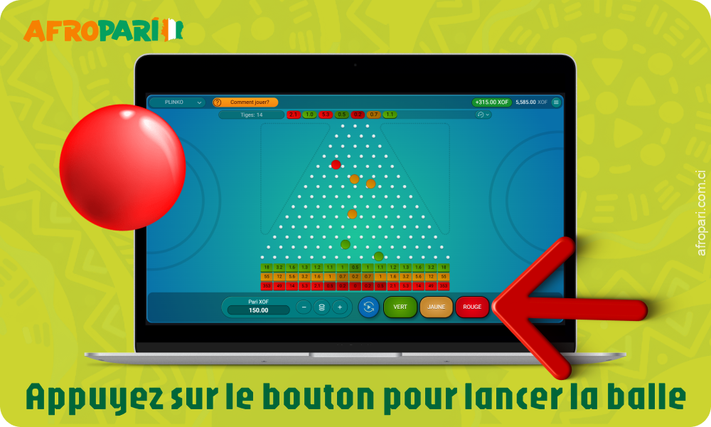 Appuyez sur le bouton pour lancer la balle et regardez-la rebondir et atterrir dans la machine à sous avec un multiplicateur déterminant votre gain ou votre perte dans Plinko Afropari