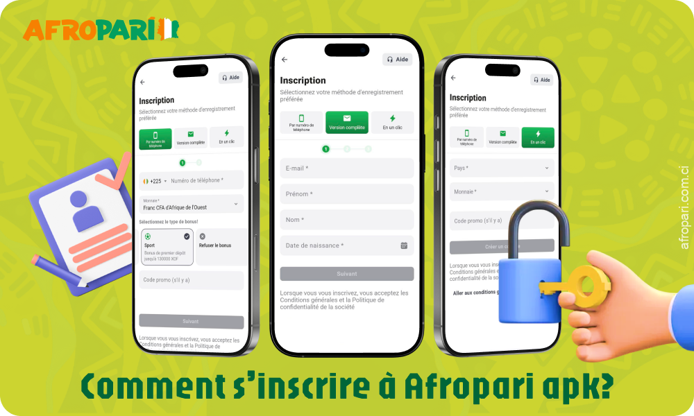 Pour vous inscrire dans l'application Afropari, choisissez un mode d'inscription pratique par e-mail, par téléphone ou en un clic et remplissez le formulaire