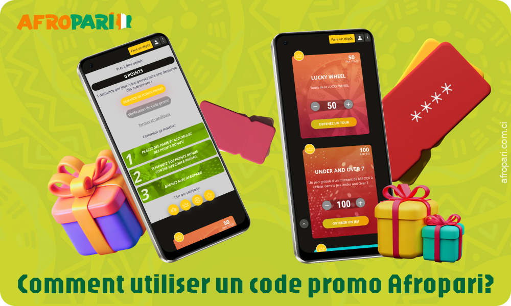 AfroPari propose aux joueurs de Côte d'Ivoire d'acheter des codes promo dans la boutique de codes promo et de les appliquer aux paris pour augmenter leurs chances de gagner