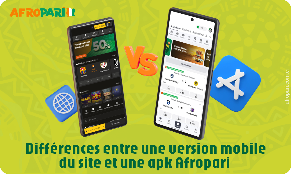 L'application APK d'Afropari pour Android est plus rapide et offre des notifications pratiques, tandis que la version mobile est disponible sur tous les appareils, y compris les iPhones, mais peut être plus lente et dépendante du navigateur