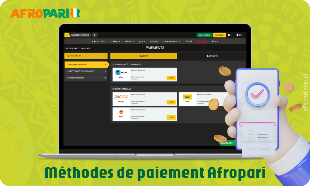 AfroPari Côte d'Ivoire propose des méthodes de paiement pratiques, notamment des portefeuilles électroniques et des virements bancaires, avec la possibilité de suivre les transactions