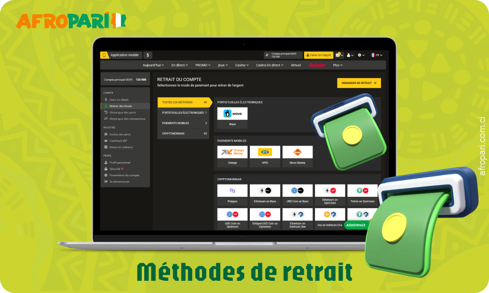 Les joueurs d'AfroPari Casino en Côte d'Ivoire ont accès à des méthodes de retrait sûres et rapides pour leurs gains