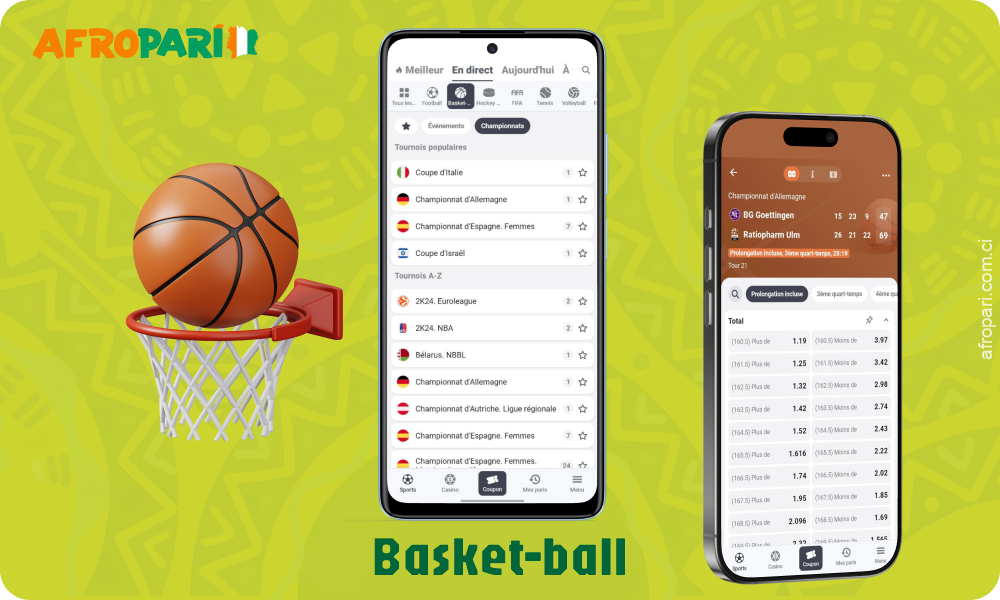 L'application Afropari offre un large éventail d'options de paris sur le basket-ball, y compris la NBA et l'Euroleague