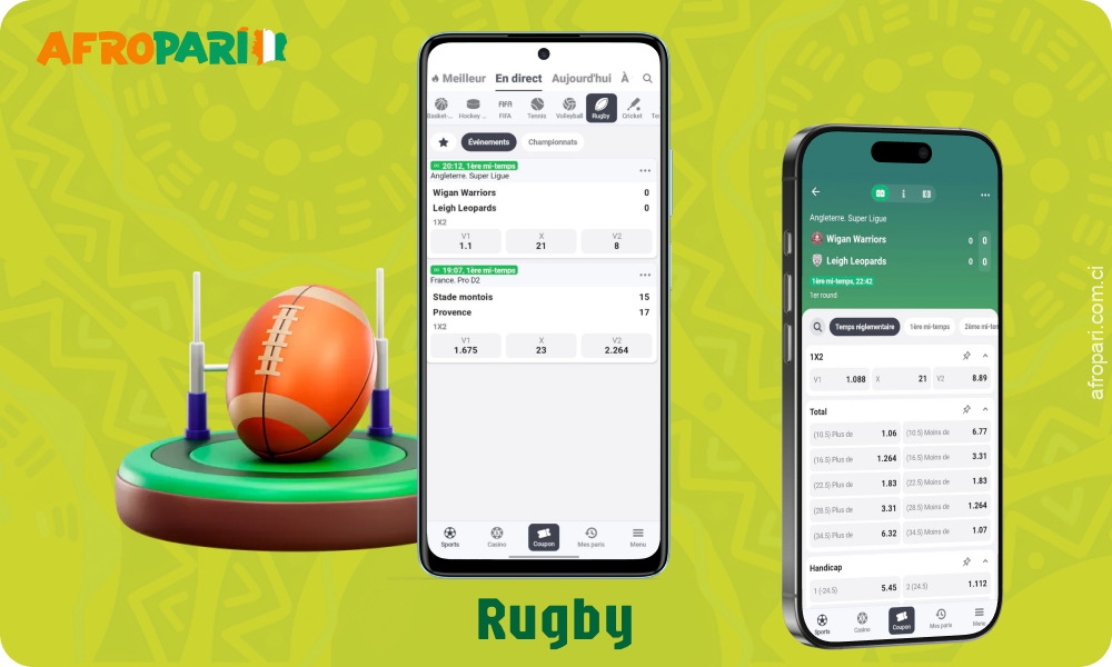 L'application mobile Afropari propose des paris sur les tournois internationaux de rugby, tels que la Coupe du monde, ainsi que sur les championnats nationaux