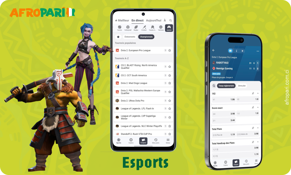 L'application Afropari propose des paris sur des jeux de cyber-sport populaires tels que League of Legends, Mobile Legends, Dota 2 et Counter-Strike 2