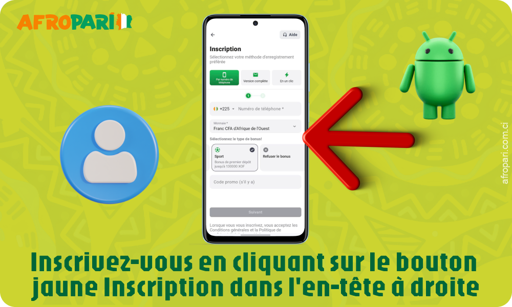 Pour vous inscrire à Afropari, cliquez sur le bouton jaune S'inscrire dans l'en-tête à droite