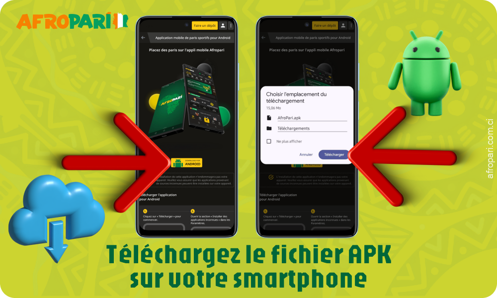 Pour installer l'application Afropari, téléchargez le fichier APK sur votre smartphone